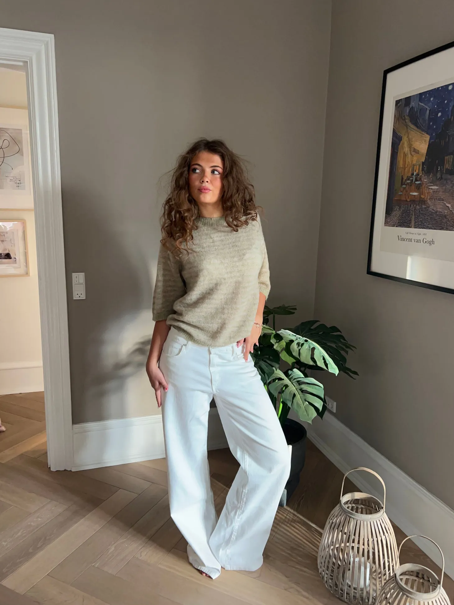 Almina strikket t-shirt med striber - Grøn/beige
