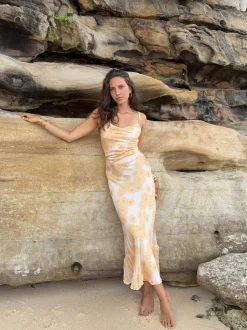 Charline satinkjole - Hvid/orange