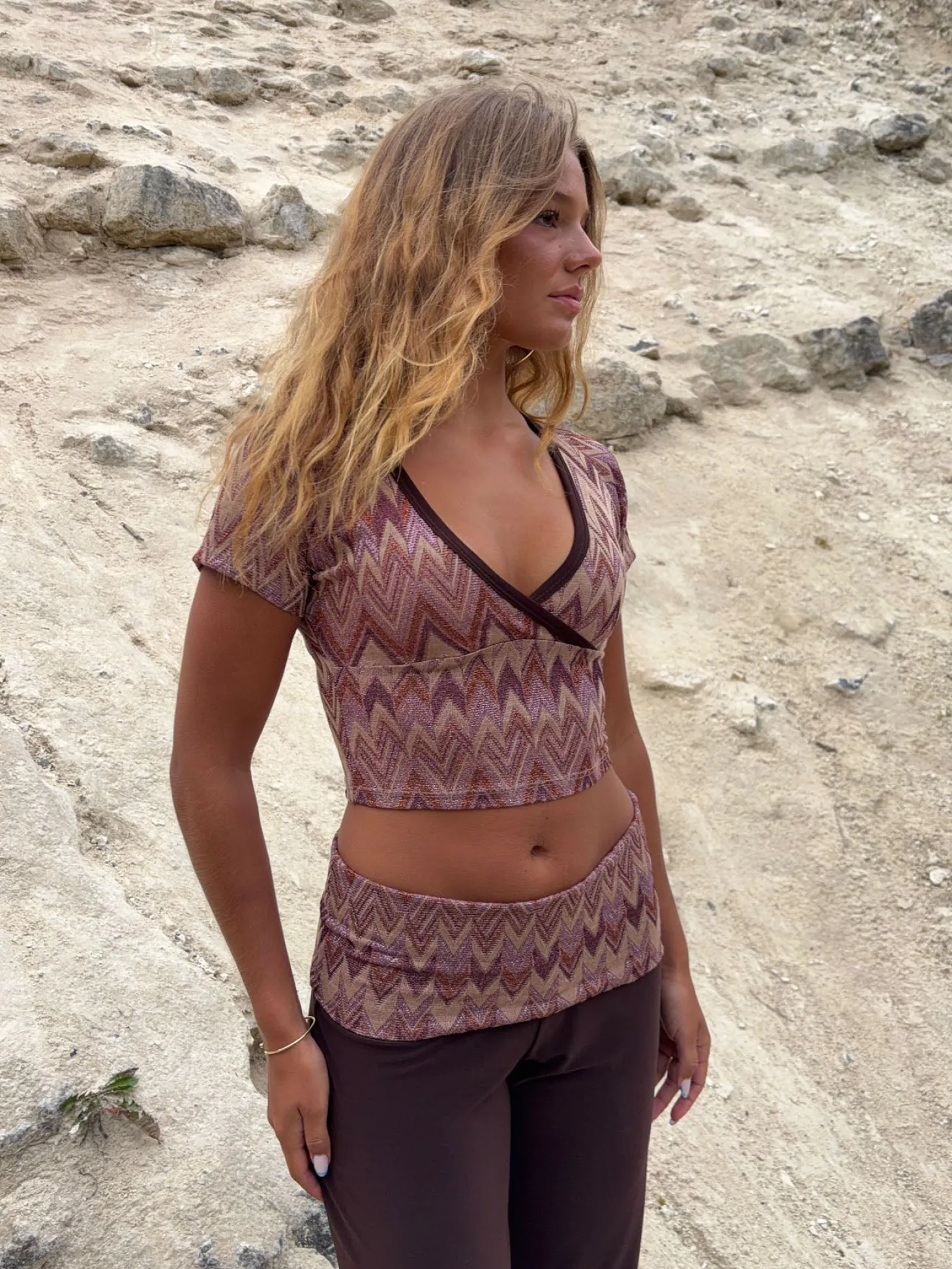 Cosima top med glimmer - Brun/beige/pink