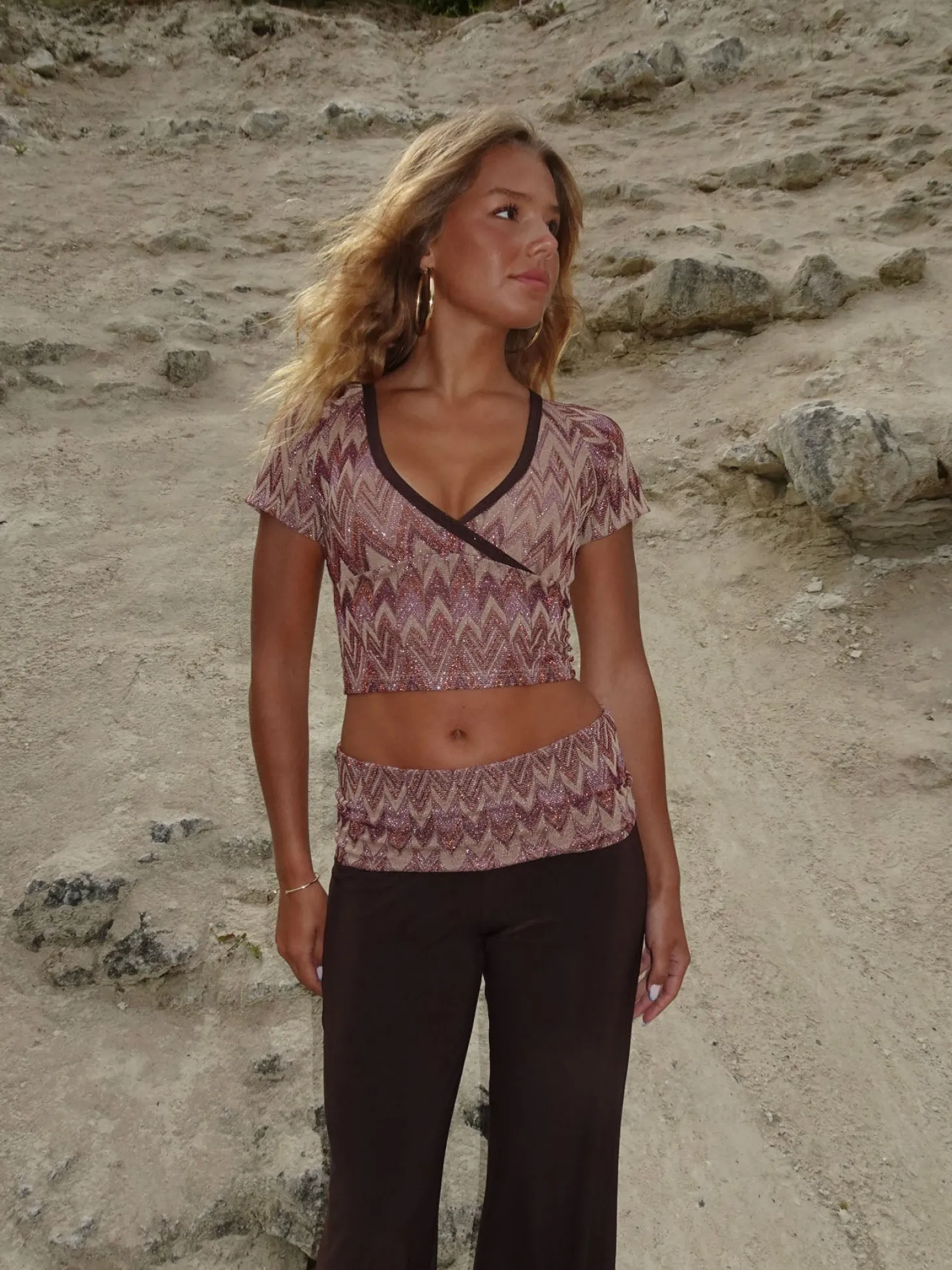 Cosima top med glimmer - Brun/beige/pink