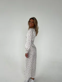 Frederikke satinkjole med røde blomster - Hvid