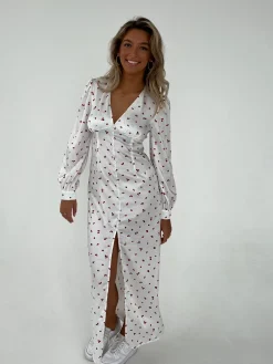 Frederikke satinkjole med røde blomster - Hvid