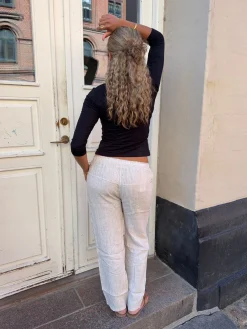 Hilja stribede hørbukser - beige