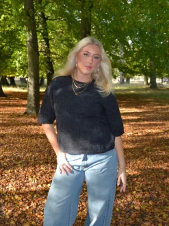 Isabell trekvartærmet striktrøje - Mørkegrå