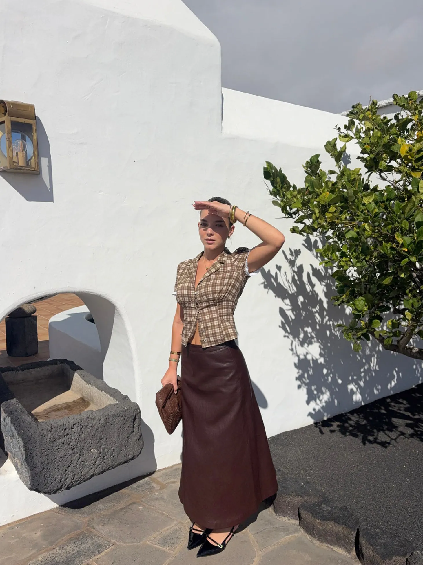 Kassandra figursyet skjorte med tern - Brun/hvid