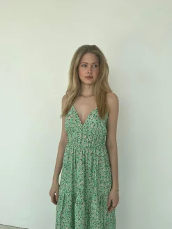 Kimora maxikjole med blomster - Grøn