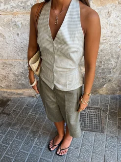 Klara halterneck top med tern - Hvid/grøn