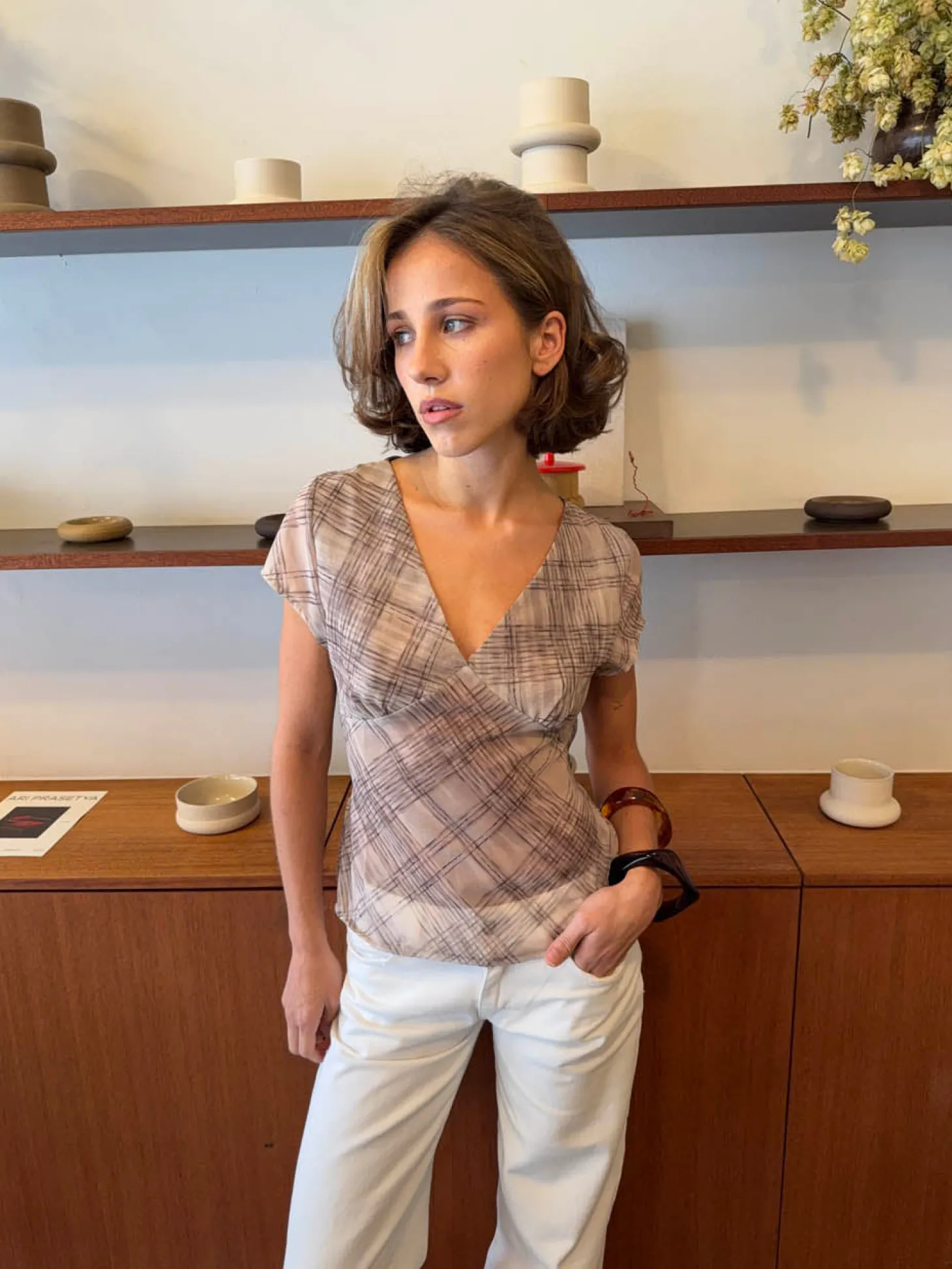 Leonorita top med ternet mønster - Beige/brun