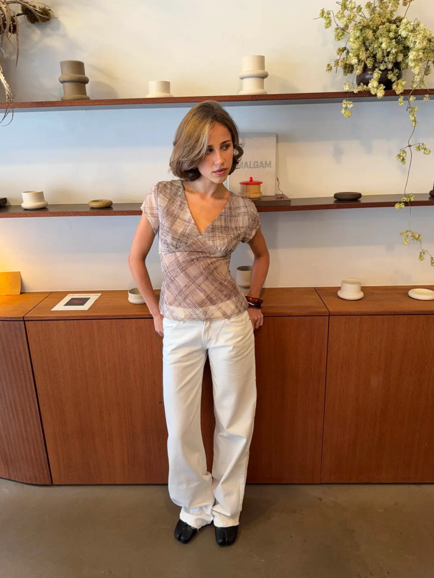 Leonorita top med ternet mønster - Beige/brun