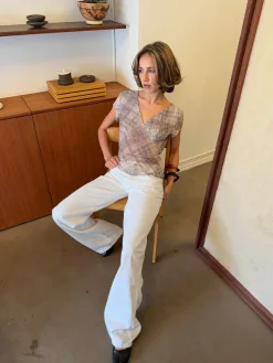 Leonorita top med ternet mønster - Beige/brun