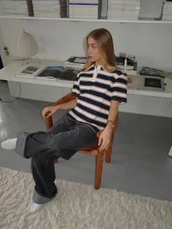 Linna polo med striber - Navy/beige/rød