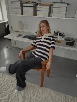 Linna polo med striber - Navy/beige/rød