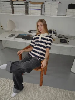 Linna polo med striber - Navy/beige/rød
