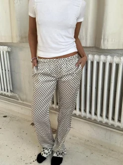 Lona lavtaljede satinbukser - Off-white/grøn