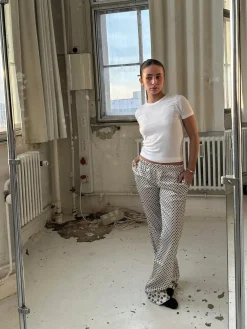 Lona lavtaljede satinbukser - Off-white/grøn