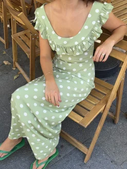 Luna kjole med polkaprikker - Grøn/hvid