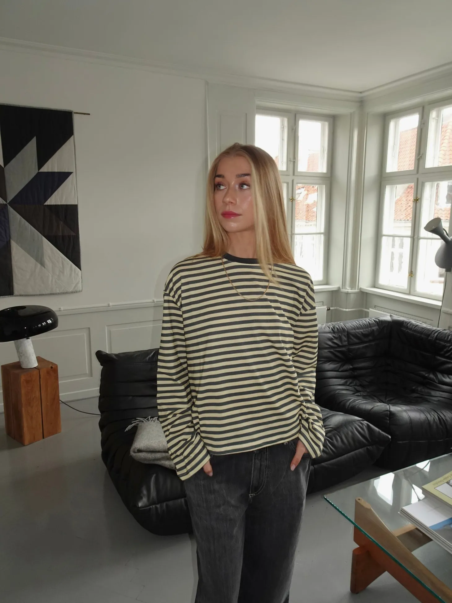 Lura bluse med striber - Gul/grå