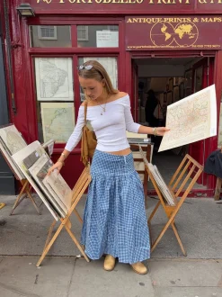 Malin Tomkins nederdel med bindedetalje og tern - Blå/hvid