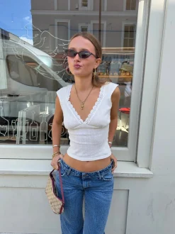 Malin Tomkins v-neck top i pointelle - Hvid