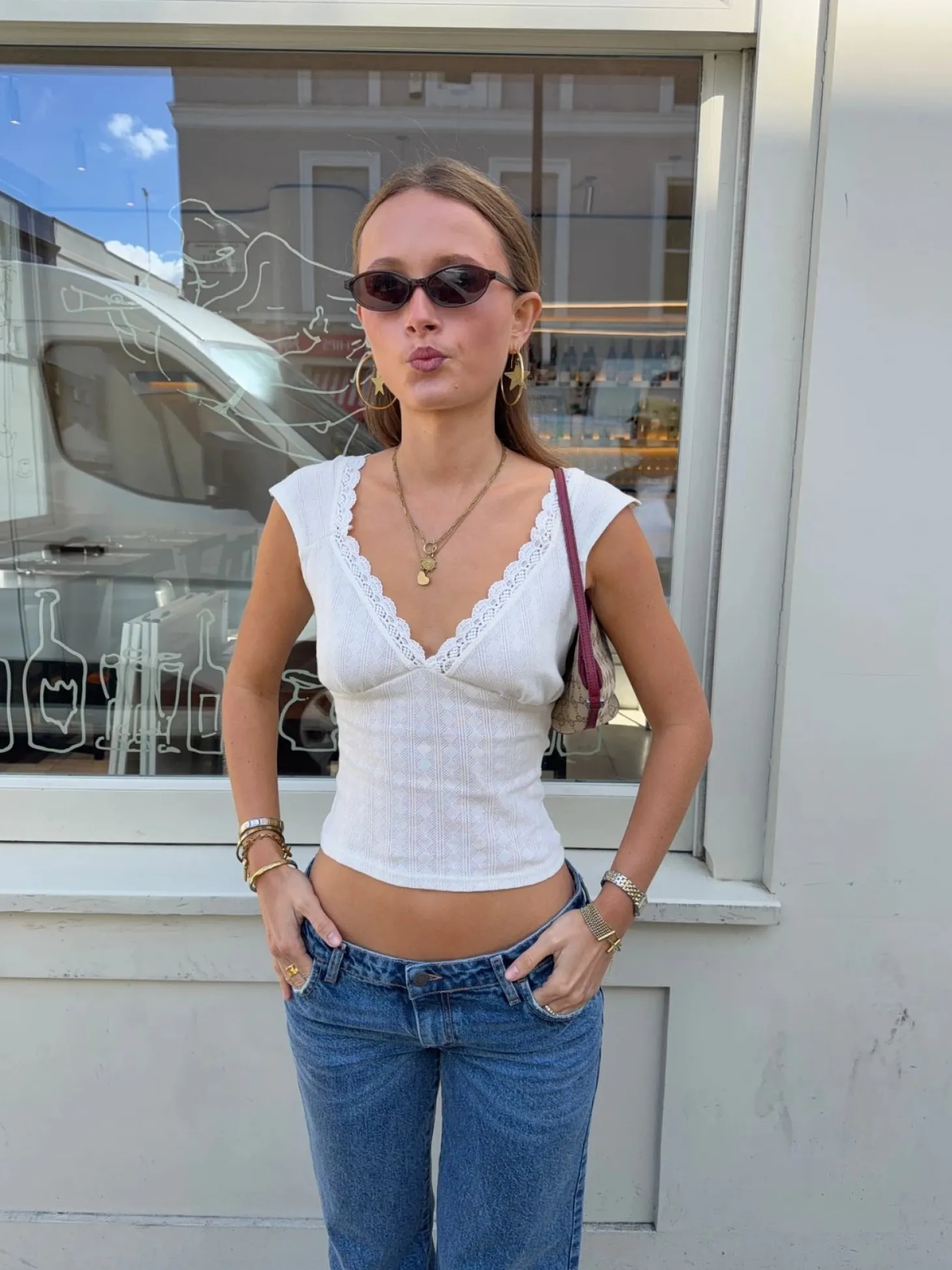 Malin Tomkins v-neck top i pointelle - Hvid