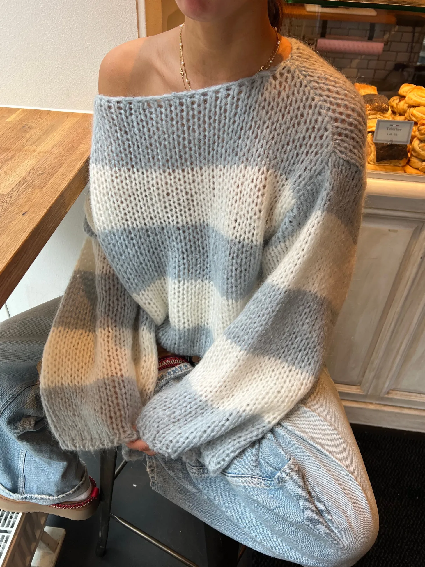 Manda stribet strik - Lyseblå/hvid