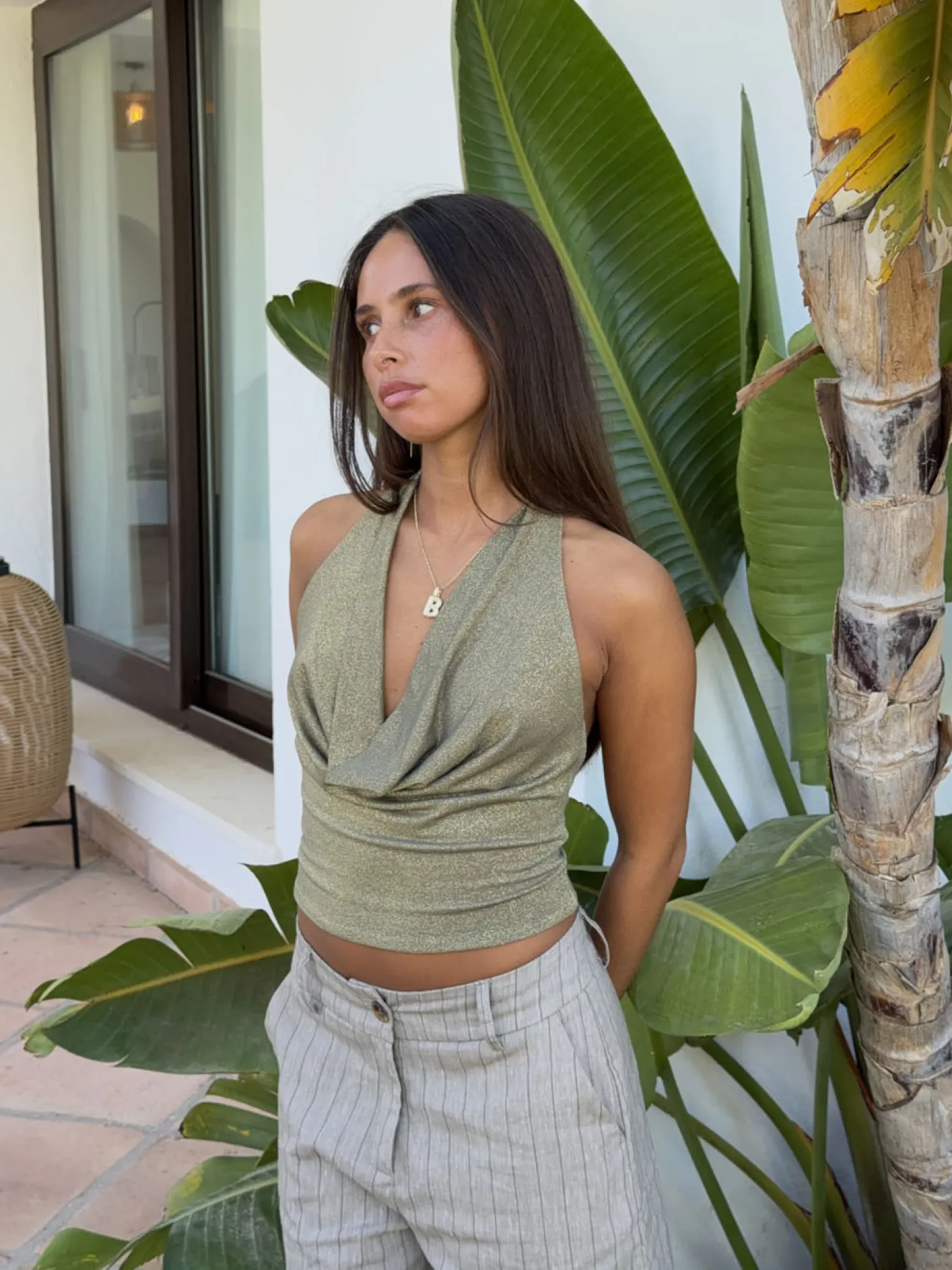 Martha halterneck top med glimmer - Kaki