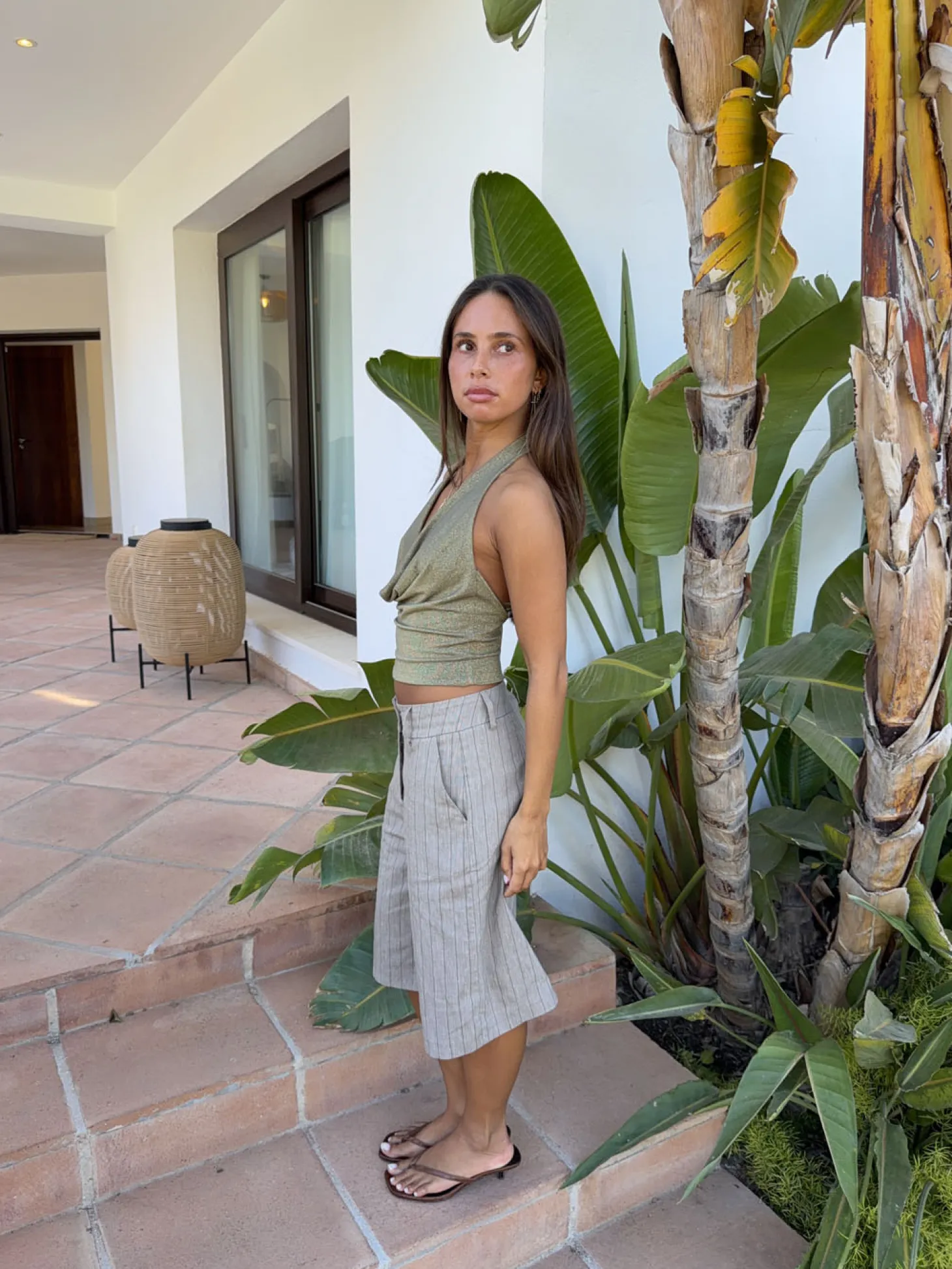 Martha halterneck top med glimmer - Kaki