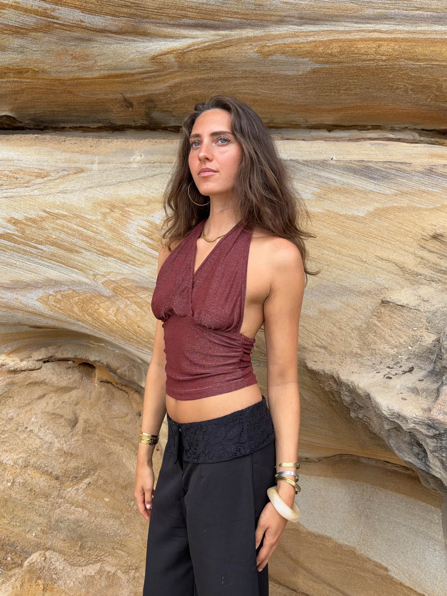 Mira halternecktop med glimmer - Rust