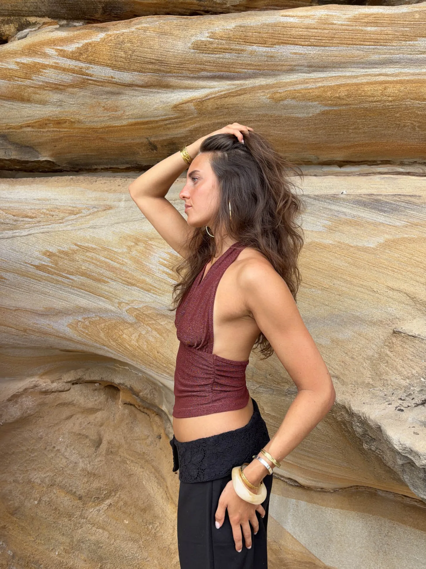 Mira halternecktop med glimmer - Rust