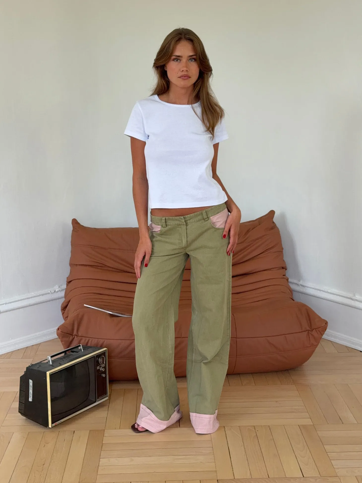Noala jeans med fold - Kaki/lyserød