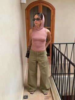 Nova glimmertop med hætte - Lyserød/beige