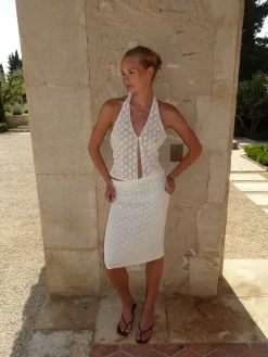 Sasseline halterneck top i mesh med prikker - Hvid
