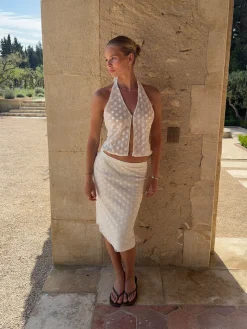 Sasseline halterneck top i mesh med prikker - Hvid