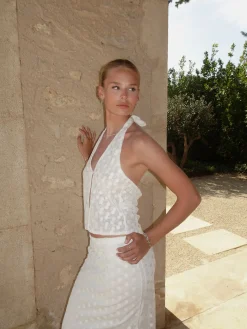 Sasseline halterneck top i mesh med prikker - Hvid