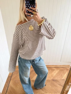 Scandivv bluse med striber - Taupe/hvid