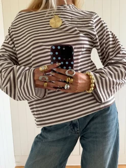 Scandivv bluse med striber - Taupe/hvid
