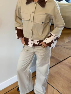Scandivv denimjakke med koprint - Beige/brun/hvid