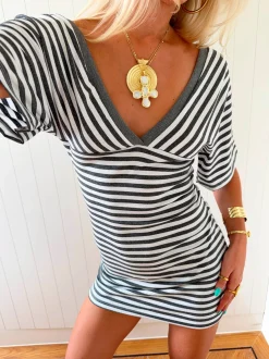 Scandivv kjole med v-neck i striber - Grå/hvid