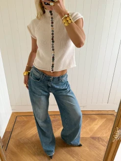 Scandivv kortærmet strik med knapper - Beige/off white