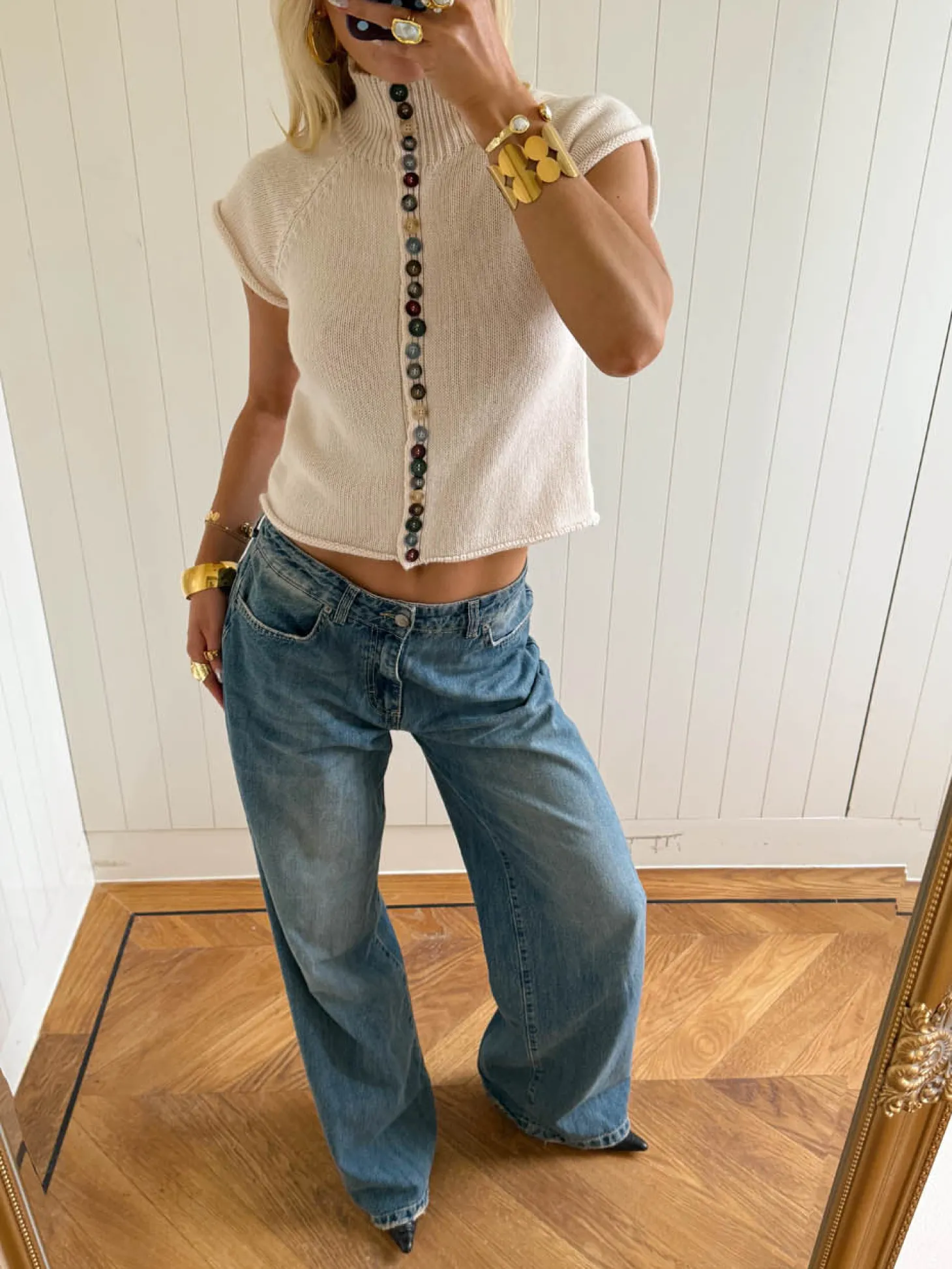 Scandivv kortærmet strik med knapper - Beige/off white