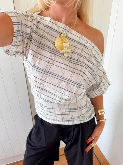 Scandivv off shoulder-top med tern - Hvid/navy