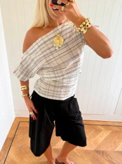 Scandivv off shoulder-top med tern - Hvid/navy