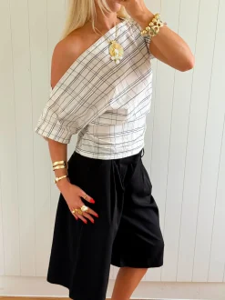 Scandivv off shoulder-top med tern - Hvid/navy
