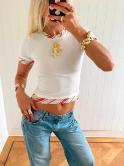 Scandivv t-shirt med stribede kanter - Hvid/rød