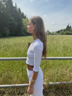 Shaylana pointelle top med 3/4 ærmer - Hvid