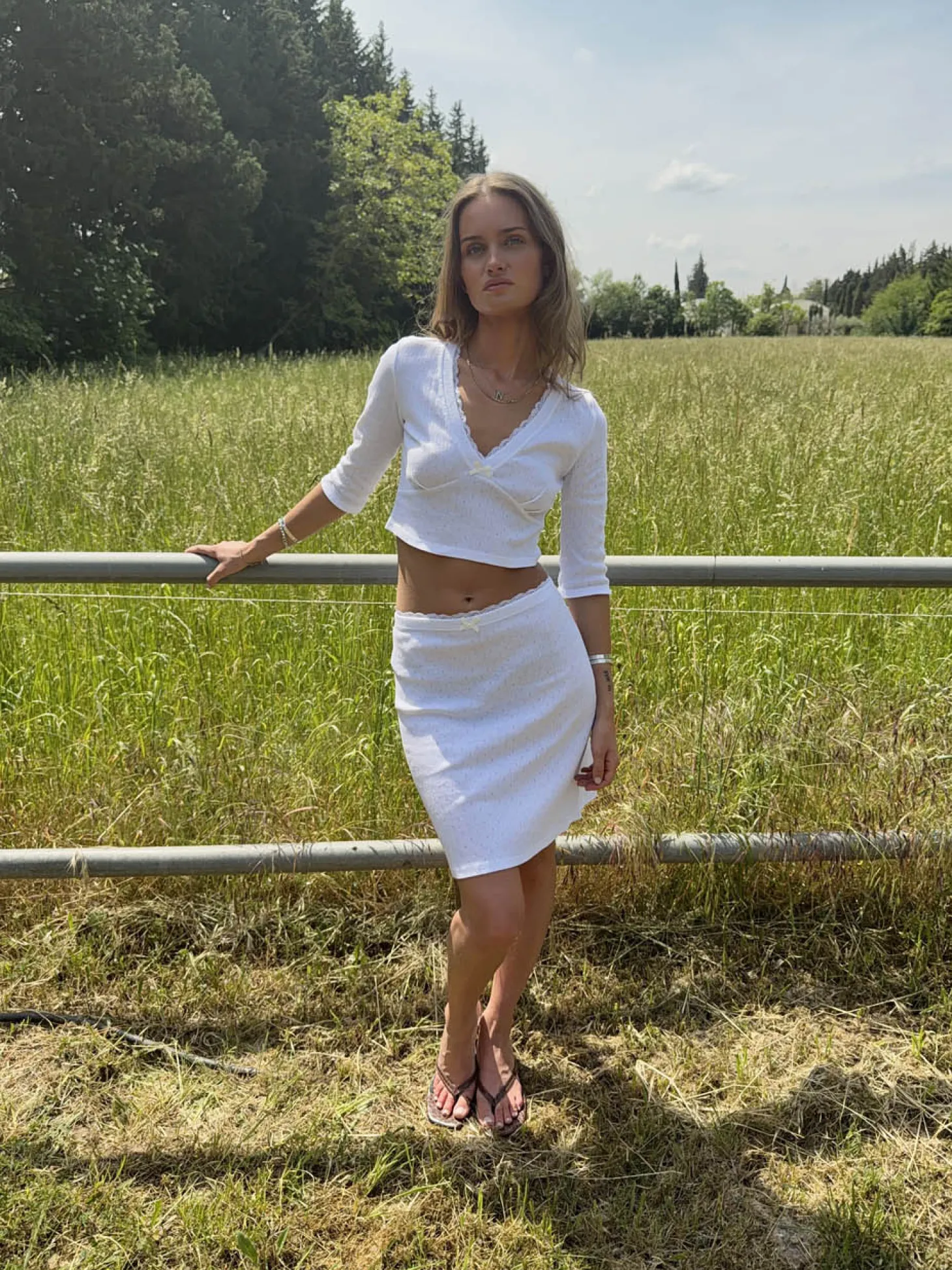 Shaylana pointelle top med 3/4 ærmer - Hvid