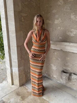 Soalia maxikjole med mønster - Orange/grøn/brun