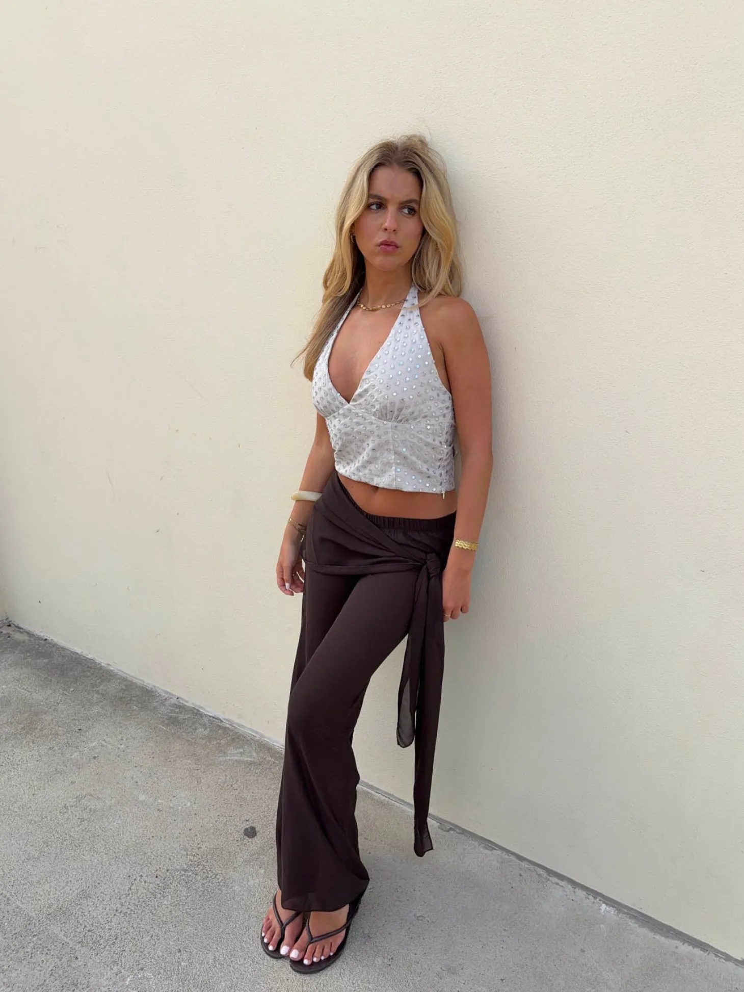 Stiney halterneck top med palietter - Beige