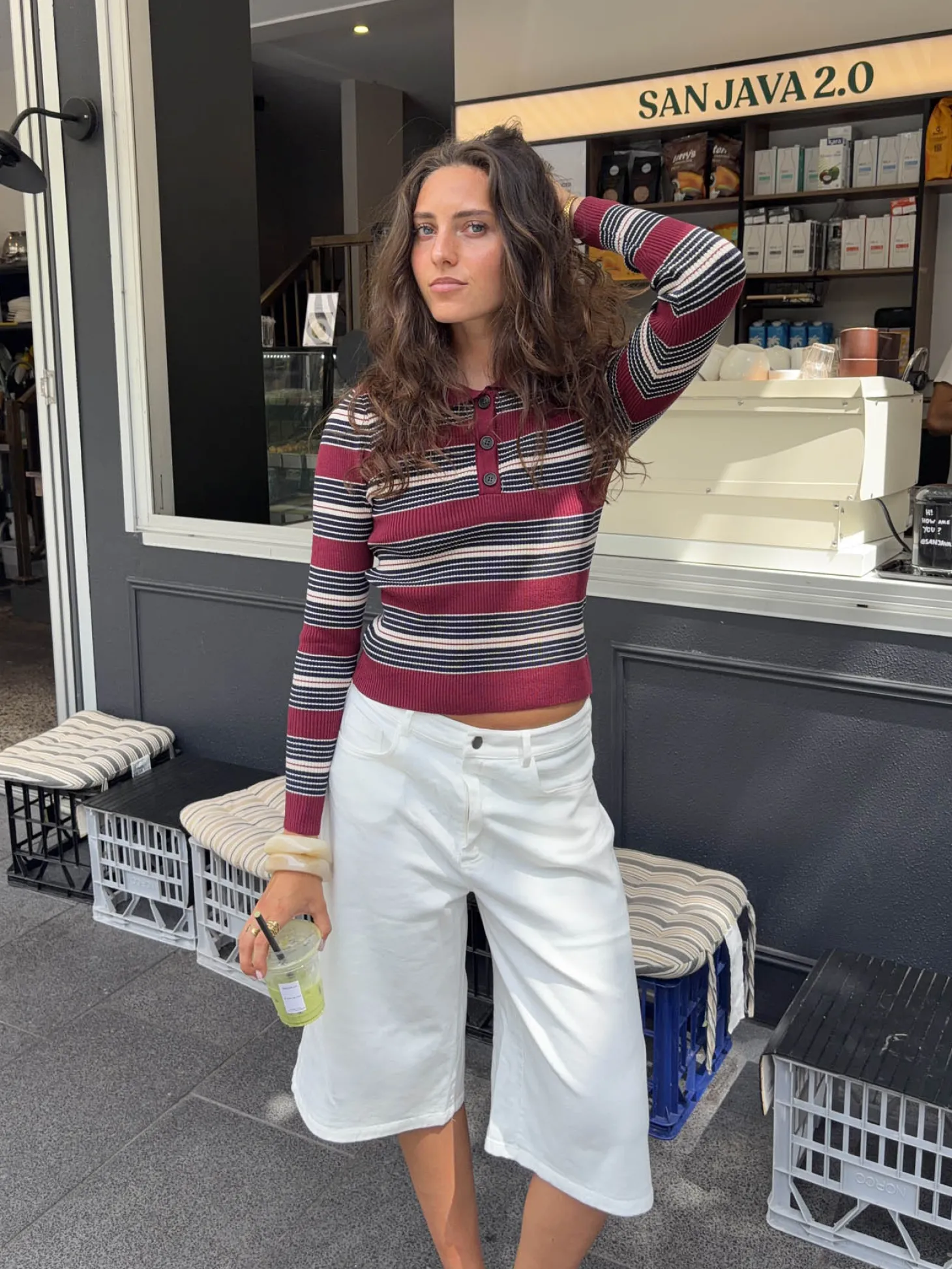 Tilina polo med striber - Rød/beige/navy
