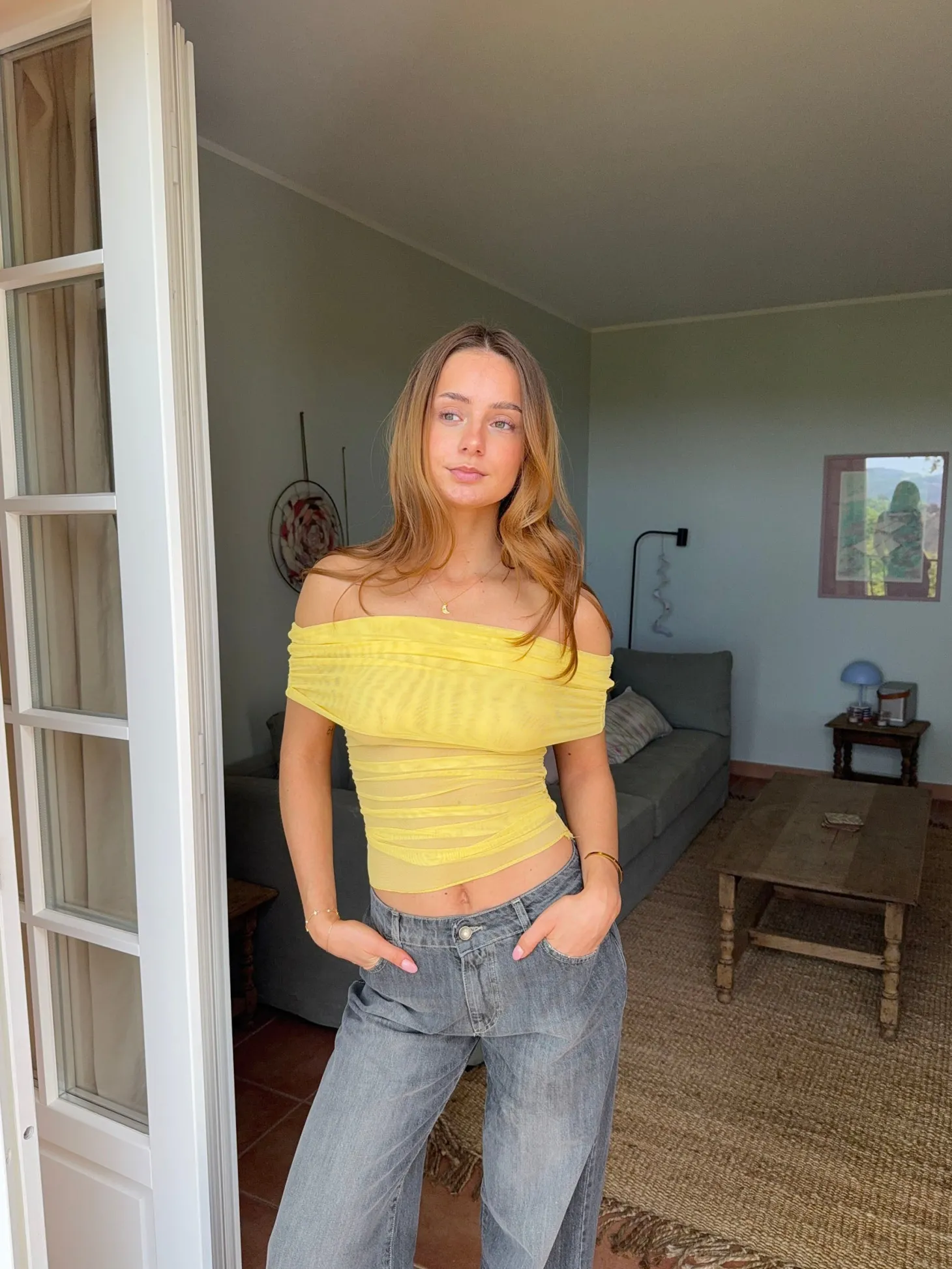 Victoire off shoulder top i mesh - Gul
